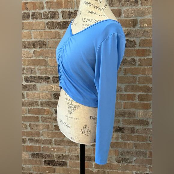 NWT all in motion ruched crop top long sleeve athletic work out exercise blue L - Picture 4 of 11